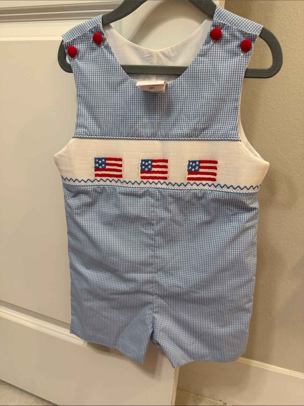 Stitchy Fish Blue Gingham Smocked Flag Shortall